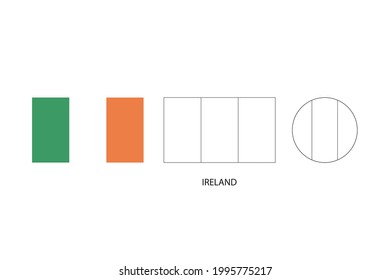 Ireland flag 3 versions, Vector illustration, Thin black line of rectangle and the circle on white background.