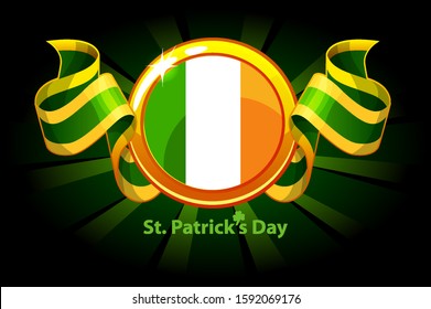 Ireland flag award for St. Patrick's Day. Reward with flag and ribbon for the holiday on a green background.