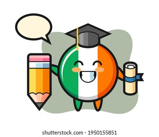 Ireland flag badge illustration cartoon is graduation with a giant pencil, cute style design for t shirt, sticker, logo element