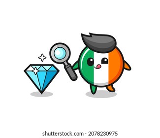 ireland flag badge mascot is checking the authenticity of a diamond , cute style design for t shirt, sticker, logo element