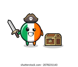the ireland flag badge pirate character holding sword beside a treasure box , cute style design for t shirt, sticker, logo element