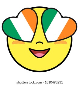 Ireland flag button. Patriotic smile in hearts glasses. Emoji icon isolated on white background.