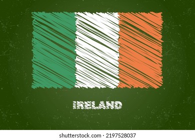 Ireland flag with chalk effect on green chalkboard, hand drawing country flag concept, green blackboard with Ireland flag, chalk texture, flag for kids, classroom material