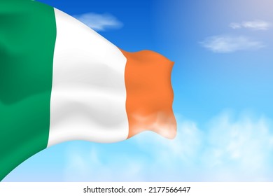 Ireland flag in the clouds. Vector flag waving in the sky. National day realistic flag illustration. Blue sky vector.