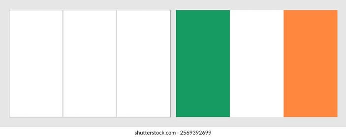 Ireland flag - coloring page. Set of white wireframe thin black outline flag and original colored flag.