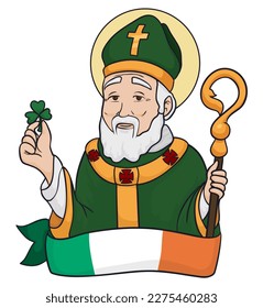 Ireland flag with the figure of Saint Patrick with shamrock, crosier, religious tunic and mitre. Design in cartoon style with outlines.