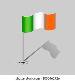Ireland flag with flagpole and shadow isolated on gray background. National symbol. Vector illustration.