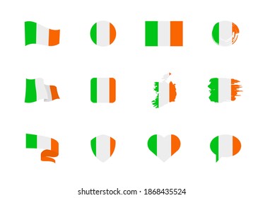 Ireland flag - flat collection. Flags of different shaped twelve flat icons. Vector illustration set