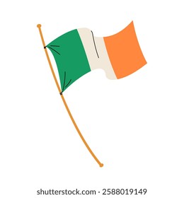 Ireland flag. Fluttering in wind Irish flag features vertical stripes of green, white, orange. Flag for St. Patrick day or Ireland Independence Day decor, banner, card. Simple vector illustration.