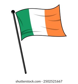 The Ireland flag flutters and waves on the flagpole. For icons, banners, emblems etc. Editable and scalable vector graphic illustration isolated on white background eps file.