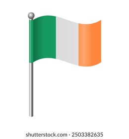 The Ireland flag flutters and waves on the flagpole. For icons, banners, emblems etc. Editable and scalable vector graphic illustration isolated eps file.