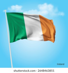 Bandeira da Irlanda voando no céu azul, ilustração vetorial.
