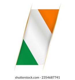 Ireland flag in the form of a banner with waving effect and shadow. Modern vector design.