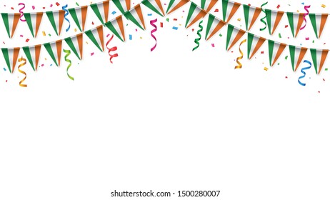 Ireland flag garland white background with confetti, Hang bunting for Irish independence Day celebration template banner, Vector illustration
