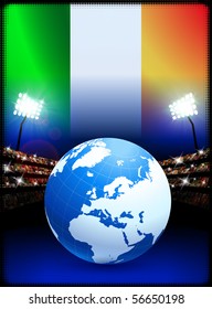 Ireland Flag with Globe on Stadium Background Original Illustration