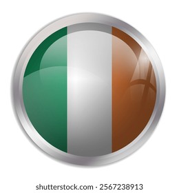 Ireland flag - glossy circle button displays a colorful flag representing a country cultural identity and heritage. The essence of national pride and unity.