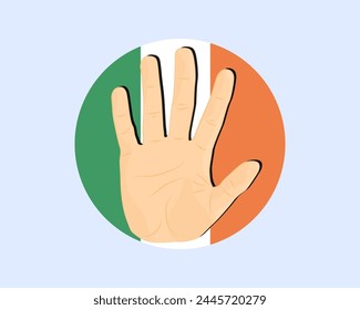 Irlandfahne mit Handstopp-Schild, Protest- und Menschenrechtsidee, Vektorgrafik-Design, Protest in Irland, Einschränkung oder verbotenes Emblem, Verletzung der Meinungsfreiheit, Krieg beenden