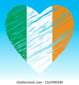 Ireland flag, Heart shape, grunge style.