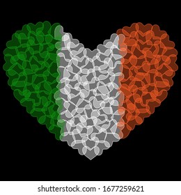 Ireland Flag in Heart Shape. Transparent hearts design. Isolated vector Illustration. Use for printing, posters, T-shirts, textile drawing, print pattern, etc. Follow other flags in my collection.