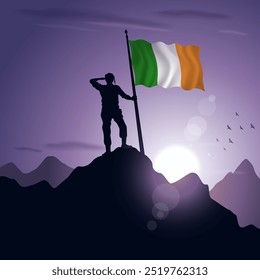 Ireland Flag hoisted on a mountain peak with a purplish sunset in the background, vector illustration