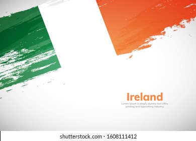 Ireland flag made in brush stroke background. National day of Ireland. Creative Ireland national country flag icon. Abstract painted grunge style brush flag background.