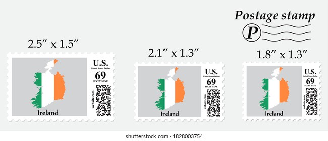 Mapa de la bandera de Irlanda en el sello postal de diferente tamaño.