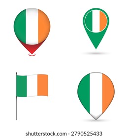 Ireland Flag Map Pin Icons Set Collection.