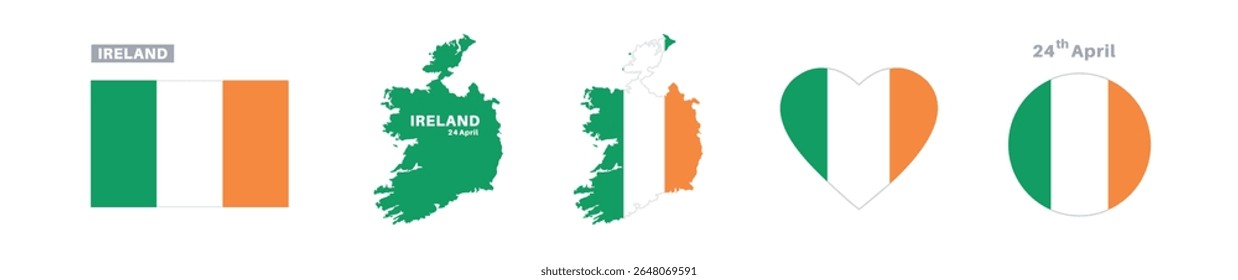 ireland flag and map set. ireland flag in official colors and proportions. independence day 24 april , map, circle and heart shaped ireland