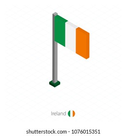 Ireland Flag on Flagpole in Isometric dimension. Isometric blue background. Vector illustration.