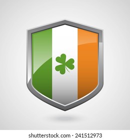 Ireland Flag on a Grey Shiny Shield, Vector Illustration isolate on Grey Background