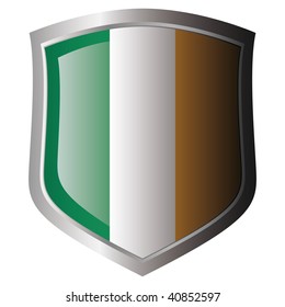 ireland flag on metal shiny shield. Collection of flags on shield against white background. Isolated object.