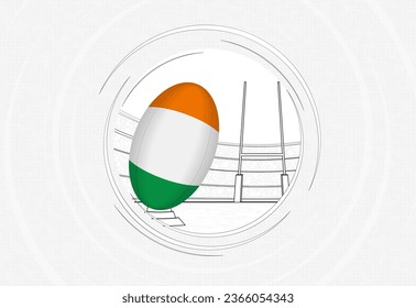 Ireland flag on rugby ball, lined circle rugby icon with ball in a crowded stadium. Vector sport emblem on abstract background.