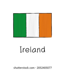 Ireland flag with outline and signature isolated on a white background. Hand drawn color vector illustration in sketch style.