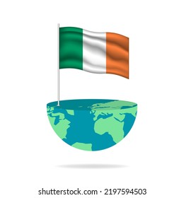 Ireland flag pole on globe. Flag waving around the world. Easy editing and vector in groups. National flag vector illustration on white background.