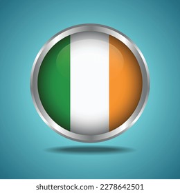 The Ireland flag. Round glossy. Silver frame. Isolated on color gradient background