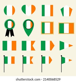 Indicador de Irlanda establecido en 16 versiones de forma. Colección de iconos de la bandera de Irlanda con formas cuadradas, redondas, corazón, triángulo, medallas, sellos y localizaciones.