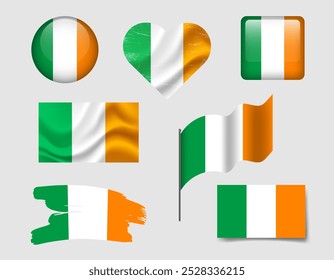 Ireland flag set of icons. Vector flag of Ireland symbol. Set of Irish flags button, brush, waved, heart.