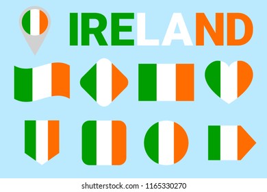 Ireland flag set. Vector collection of Irish national flags. Flat isolated icons. Country name in traditional colors. St Patrick's Day illustration. Patriotic, travel, geographic, design elements