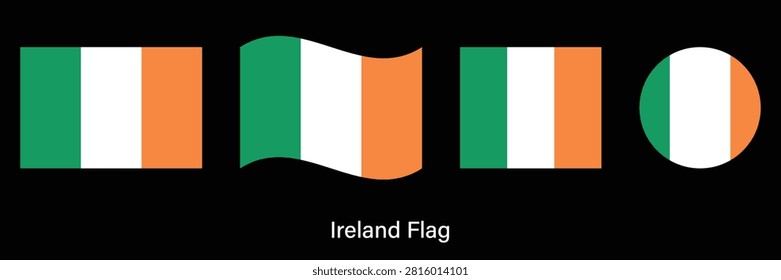 Ireland Flag Set with Waving, Circle and Rectangle Shapes Vector Illustration