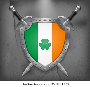 Ireland Flag with Shamrock. The Shield with National Flag. Two Crossed Swords. Vector Medieval Background