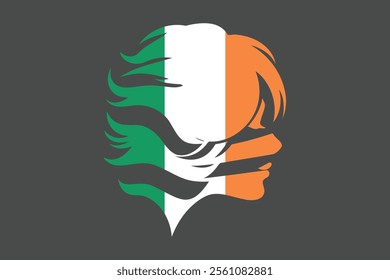 Ireland flag and girl’s shape, Flag of Ireland national country symbol illustration Vector, Rectangle Ireland flag illustration, Flat vector illustration
