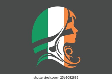 Ireland flag and girl’s shape, Flag of Ireland national country symbol illustration Vector, Rectangle Ireland flag illustration, Flat vector illustration
