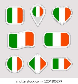 Ireland flag stickers set. Irish national symbols badges. Isolated geometric icons.Vector official flags collection. Sport pages, patriotic, travel, school, design elements. Different shapes