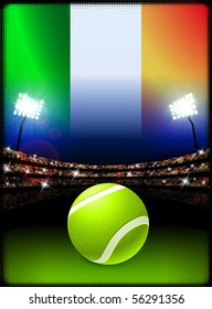 Ireland Flag and Tennis Ball on Stadium Background Original Illustration