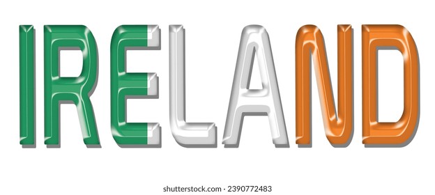 Letra de texto de la bandera IRLANDA, fondo colorido de la bandera 3D IRLANDA, ilustración vectorial de la bandera IRLANDA