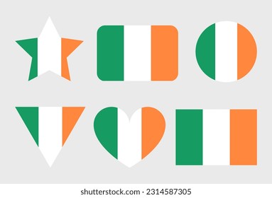 Ireland flag vector icons set in the shape of heart, star, circle and map. Irish flag illustration in different geometrical shapes.