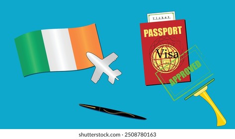 Ireland flag with white plane icon. Passport with visa approved stamp. Black stylish Pen. Irish Travel poster. Editable vector EPS available