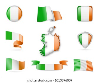 Ireland Flags Collection. Flags and contour map. Vector illustration