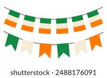 Ireland flags on the ropes. Irish flags garland, bunting garland with Irish flags. St. Patricks Day. Vector illustration, isolated on white background.