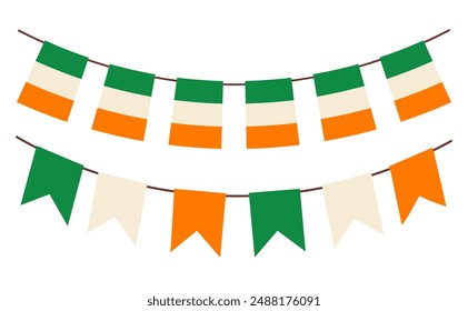 Ireland flags on the ropes. Irish flags garland, bunting garland with Irish flags. St. Patricks Day. Vector illustration, isolated on white background.